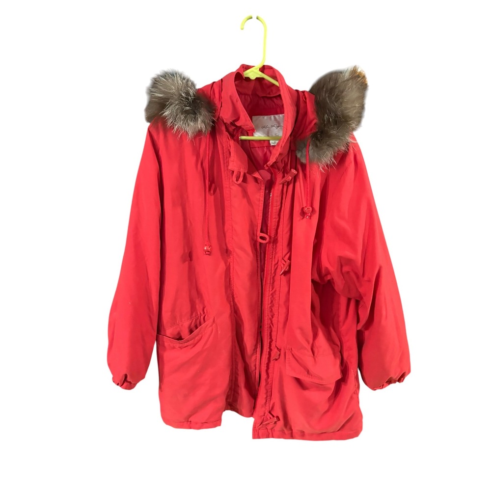 Kim‎ Rogers Womens Red Faux Fur Trim Hooded Parka Jacket Coat Size Medium